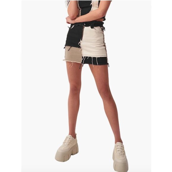 Sexy Black Colorblock Patchwork Denim Distressed Ripped Mini Bodycon Jean Skirt - Picture 4 of 6